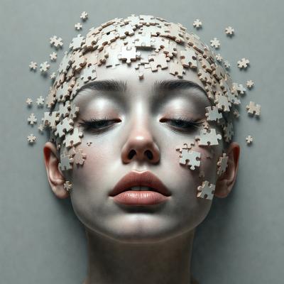 The primary subject of the image is a woman with a puzzle headpiece on her head. The setting is a gray background, and the visual style is a digital art illustration. The colors and mood of the image are predominantly dark, with the puzzle pieces adding a unique and intriguing element to the overall composition.